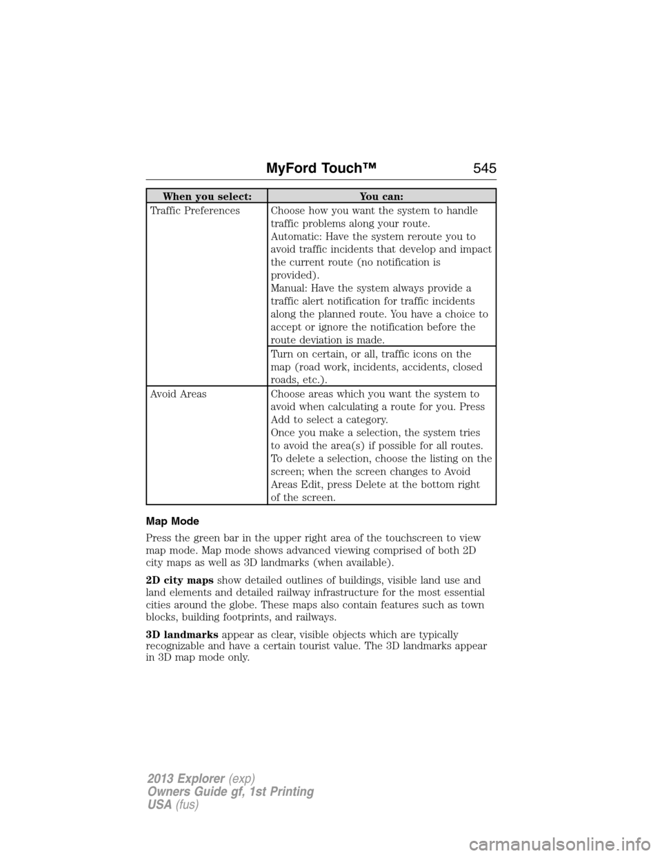 FORD EXPLORER 2013 5.G Owners Manual When you select: You can:
Traffic Preferences Choose how you want the system to handle
traffic problems along your route.
Automatic: Have the system reroute you to
avoid traffic incidents that develop