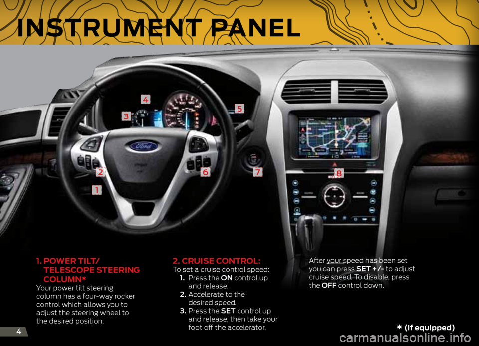 FORD EXPLORER 2013 5.G Quick Reference Guide 1. PoweR tiL t/
teLe ScoPe S teeRing
coL uMn*
Your power tilt steering
column has a four-way rocker
control which allows you to
adjust the steering wheel to
the desired position.
2. cR uiSe c FORD EXPLORER 2013 5.G Quick Reference Guide 1. PoweR tiL t/
teLe ScoPe S teeRing
coL uMn*
Your power tilt steering
column has a four-way rocker
control which allows you to
adjust the steering wheel to
the desired position.
2. cR uiSe c