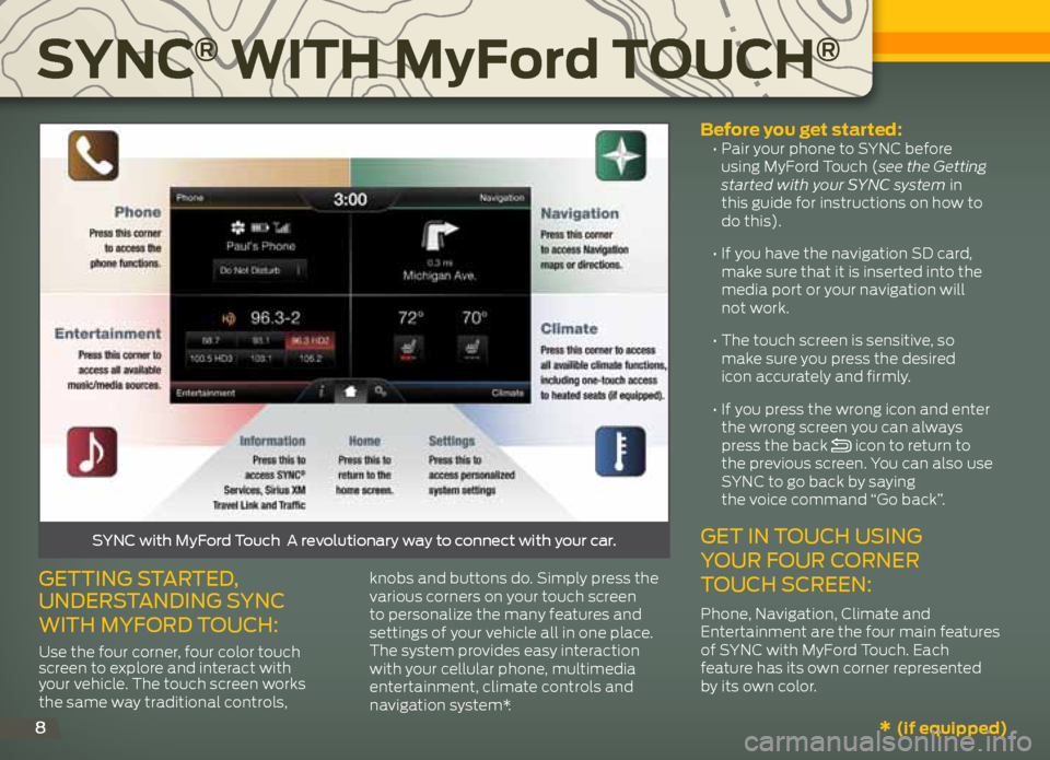 FORD EXPLORER 2013 5.G Quick Reference Guide * (if equipped)
Sync® with M
yFord touch®
8
getting started,
understanding s Ync
with mYfOrd tO uch:
Use the four corner, four color touch
screen to explore and interact with
your vehicle. The t FORD EXPLORER 2013 5.G Quick Reference Guide * (if equipped)
Sync® with M
yFord touch®
8
getting started,
understanding s Ync
with mYfOrd tO uch:
Use the four corner, four color touch
screen to explore and interact with
your vehicle. The t