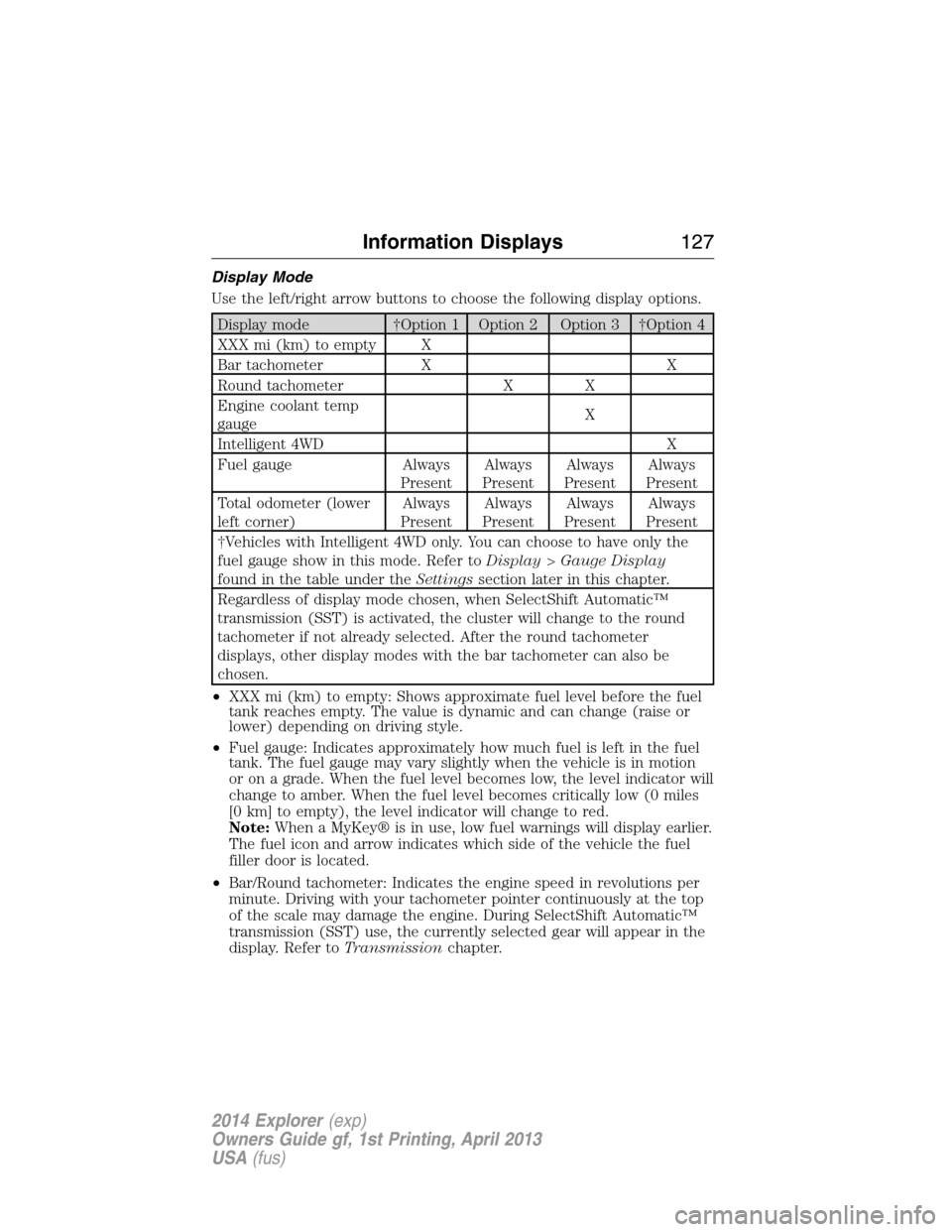 FORD EXPLORER 2014 5.G Owners Manual Display Mode
Use the left/right arrow buttons to choose the following display options.
Display mode †Option 1 Option 2 Option 3 †Option 4
XXX mi (km) to empty X
Bar tachometer X X
Round tachometer