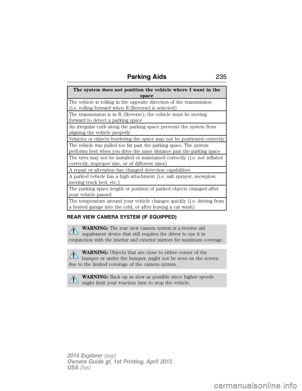 FORD EXPLORER 2014 5.G Owners Manual The system does not position the vehicle where I want in the
space
The vehicle is rolling in the opposite direction of the transmission
(i.e. rolling forward when R [Reverse] is selected)
The transmis