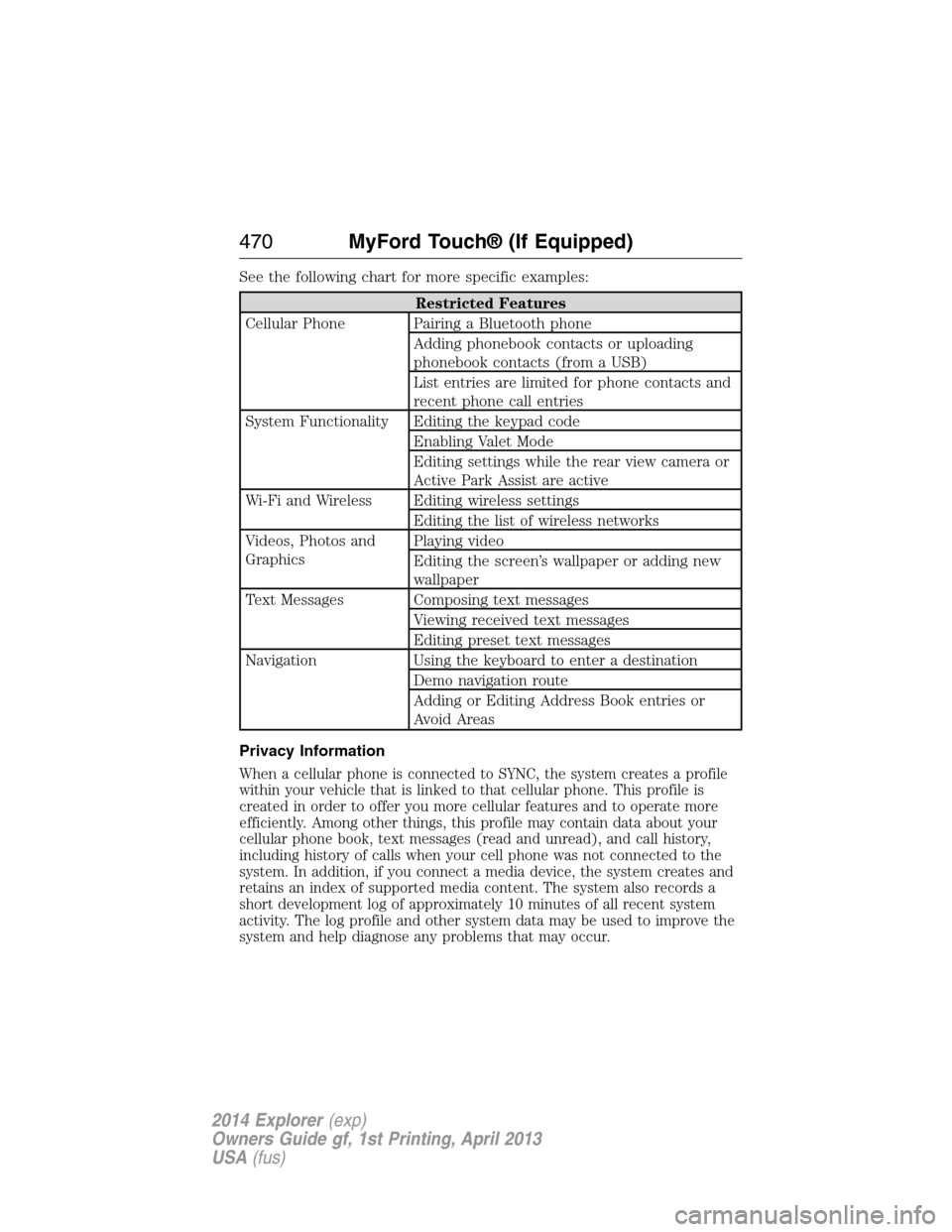FORD EXPLORER 2014 5.G Owners Manual See the following chart for more specific examples:
Restricted Features
Cellular Phone Pairing a Bluetooth phone
Adding phonebook contacts or uploading
phonebook contacts (from a USB)
List entries are FORD EXPLORER 2014 5.G Owners Manual See the following chart for more specific examples:
Restricted Features
Cellular Phone Pairing a Bluetooth phone
Adding phonebook contacts or uploading
phonebook contacts (from a USB)
List entries are