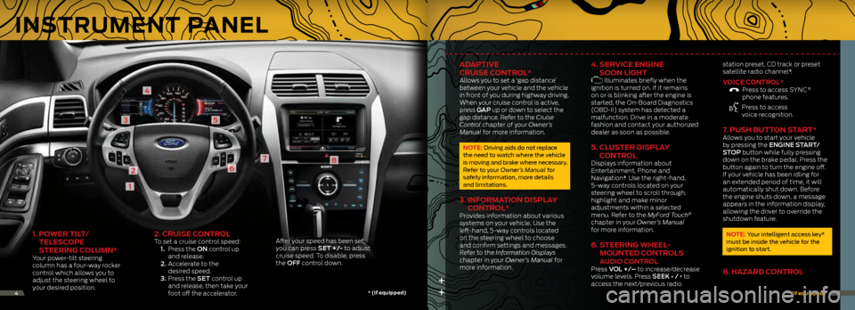 FORD EXPLORER 2014 5.G Quick Reference Guide 1. Po Wer tiL t/
teLe SCoPe
S teering C oLUMn*
Your power-tilt steering
column has a four-way rocker
control which allows you to
adjust the steering wheel to
your desired position.
2. CrUiS FORD EXPLORER 2014 5.G Quick Reference Guide 1. Po Wer tiL t/
teLe SCoPe
S teering C oLUMn*
Your power-tilt steering
column has a four-way rocker
control which allows you to
adjust the steering wheel to
your desired position.
2. CrUiS