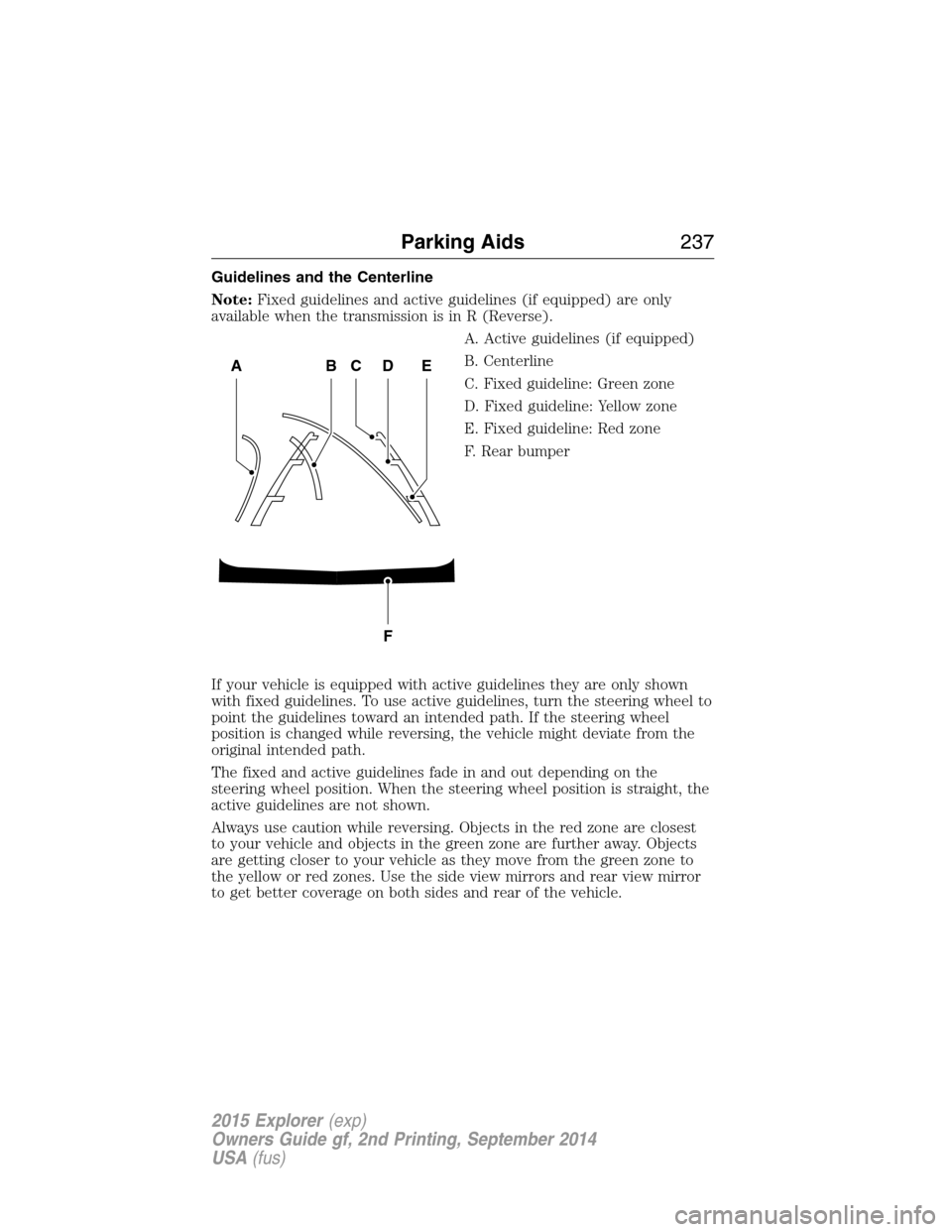 FORD EXPLORER 2015 5.G Owners Manual Guidelines and the Centerline
Note:Fixed guidelines and active guidelines (if equipped) are only
available when the transmission is in R (Reverse).
A. Active guidelines (if equipped)
B. Centerline
C. 