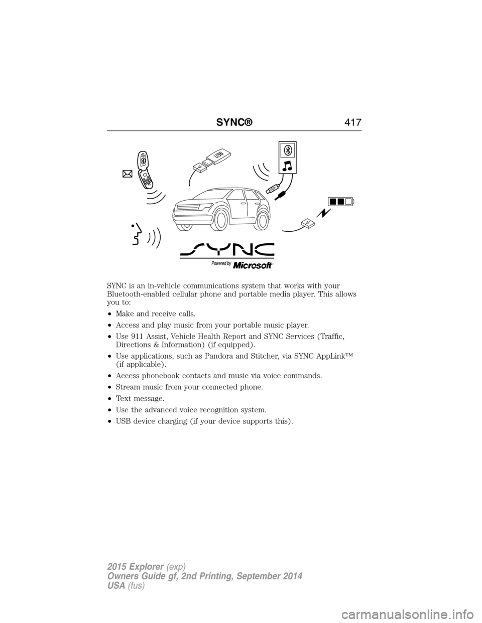 FORD EXPLORER 2015 5.G Owners Manual SYNC is an in-vehicle communications system that works with your
Bluetooth-enabled cellular phone and portable media player. This allows
you to:
•Make and receive calls.
•Access and play music fro