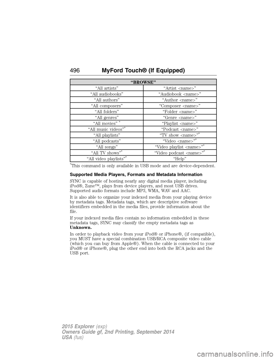 FORD EXPLORER 2015 5.G Owners Manual “BROWSE”
“All artists” “Artist <name>”
“All audiobooks” “Audiobook <name>”
“All authors” “Author <name>”
“All composers” “Composer <name>”
“All folders” “Fold FORD EXPLORER 2015 5.G Owners Manual “BROWSE”
“All artists” “Artist <name>”
“All audiobooks” “Audiobook <name>”
“All authors” “Author <name>”
“All composers” “Composer <name>”
“All folders” “Fold