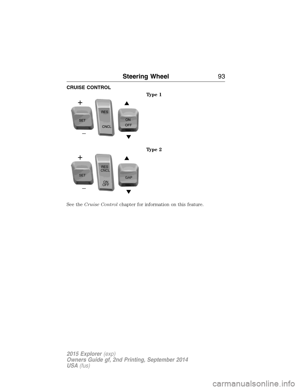 FORD EXPLORER 2015 5.G Owners Manual CRUISE CONTROL
Type 1
Type 2
See theCruise Controlchapter for information on this feature.
SETRES
CNCL
ON
OFFGAP
Steering Wheel93
2015 Explorer(exp)
Owners Guide gf, 2nd Printing, September 2014
USA(f