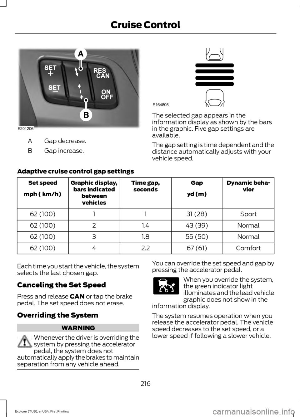FORD EXPLORER 2016 5.G Owners Manual Gap decrease.
A
Gap increase.
B The selected gap appears in the
information display as shown by the bars
in the graphic. Five gap settings are
available.
The gap setting is time dependent and the
dist FORD EXPLORER 2016 5.G Owners Manual Gap decrease.
A
Gap increase.
B The selected gap appears in the
information display as shown by the bars
in the graphic. Five gap settings are
available.
The gap setting is time dependent and the
dist