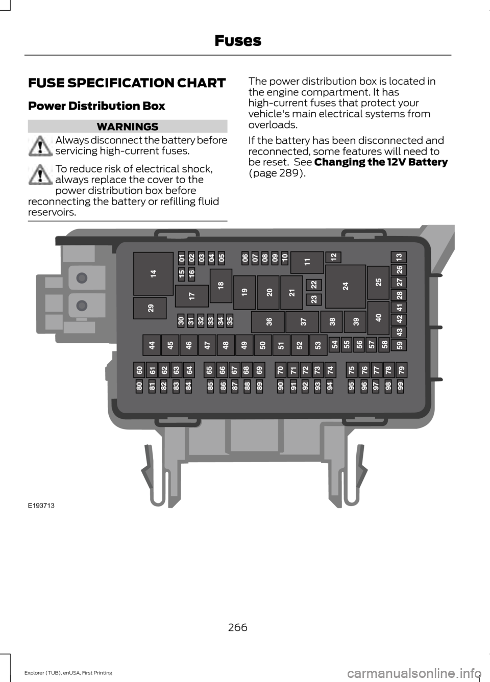 FORD EXPLORER 2016 5.G User Guide FUSE SPECIFICATION CHART
Power Distribution Box
WARNINGS
Always disconnect the battery before
servicing high-current fuses.
To reduce risk of electrical shock,
always replace the cover to the
power di