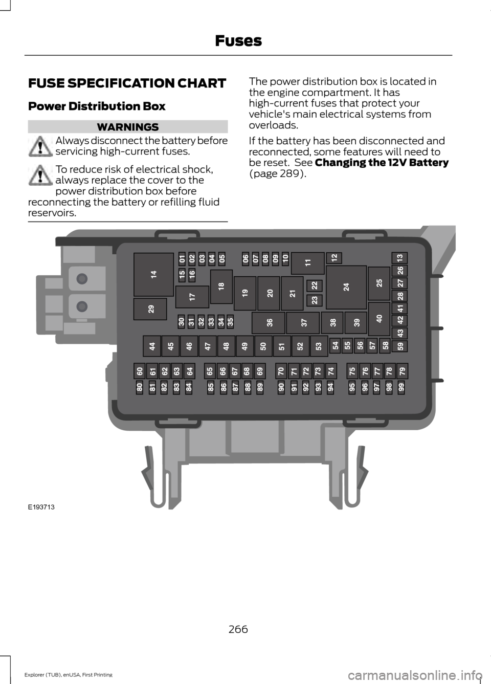 FORD EXPLORER 2016 5.G Owners Manual FUSE SPECIFICATION CHART
Power Distribution Box
WARNINGS
Always disconnect the battery before
servicing high-current fuses.
To reduce risk of electrical shock,
always replace the cover to the
power di