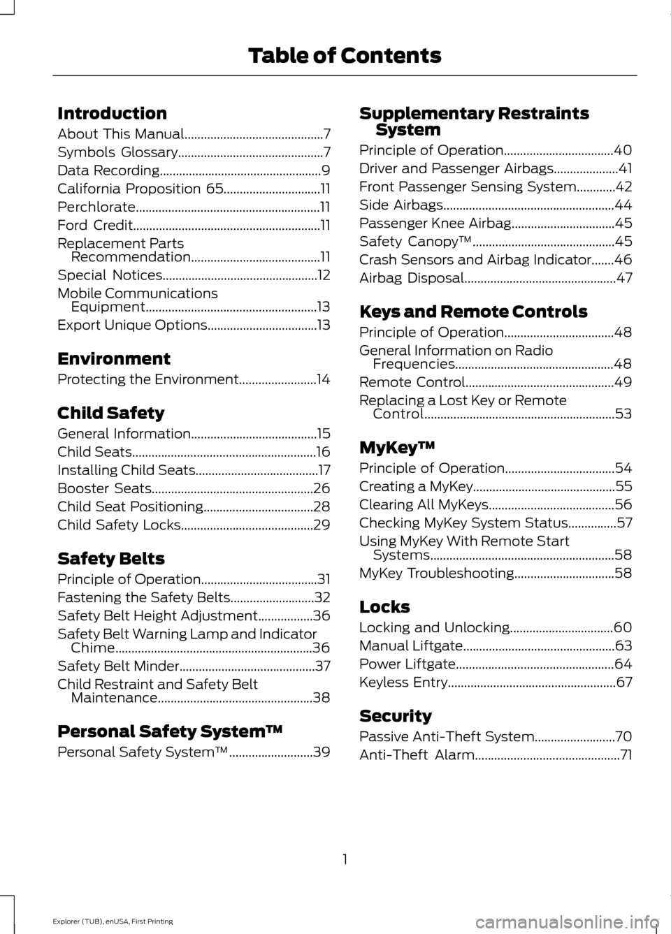 FORD EXPLORER 2016 5.G Owners Manual Introduction
About This Manual...........................................7
Symbols Glossary
.............................................7
Data Recording
.............................................. FORD EXPLORER 2016 5.G Owners Manual Introduction
About This Manual...........................................7
Symbols Glossary
.............................................7
Data Recording
..............................................