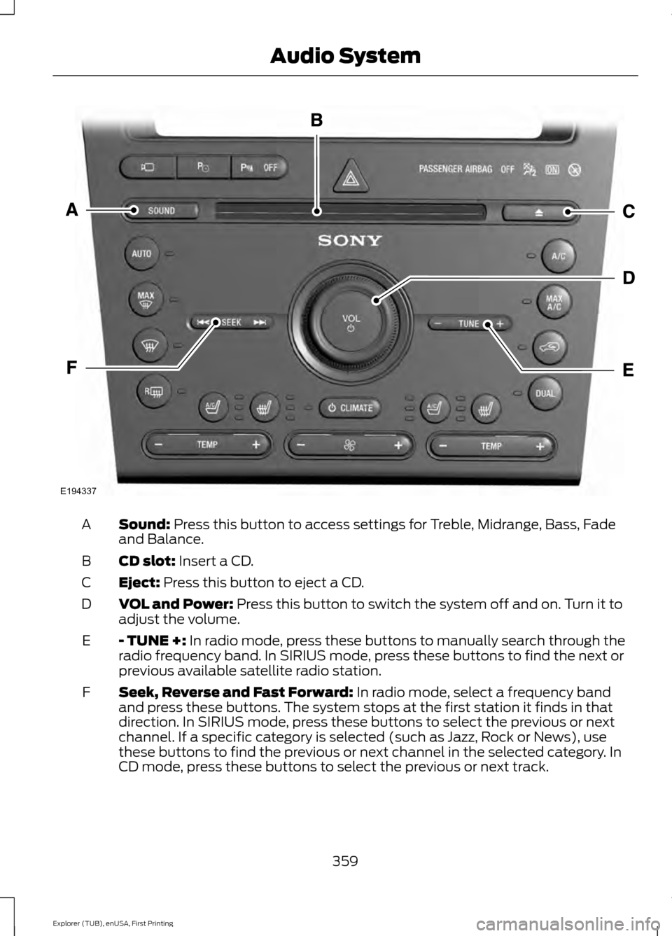 FORD EXPLORER 2016 5.G Owners Manual Sound: Press this button to access settings for Treble, Midrange, Bass, Fade
and Balance.
A
CD slot:
 Insert a CD.
B
Eject:
 Press this button to eject a CD.
C
VOL and Power:
 Press this button to swi