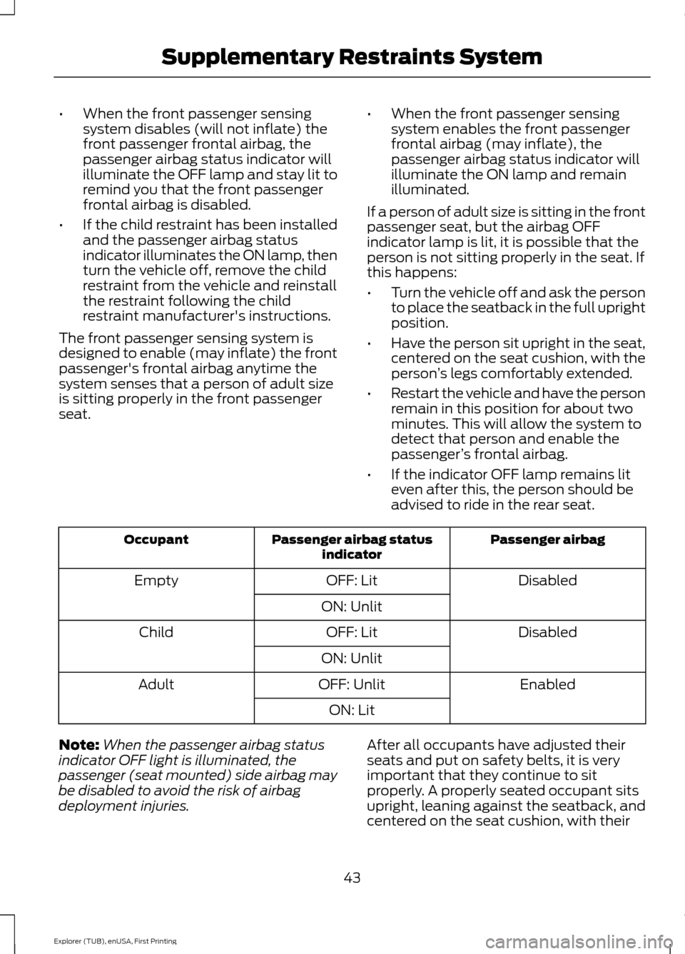 FORD EXPLORER 2016 5.G Owners Manual •
When the front passenger sensing
system disables (will not inflate) the
front passenger frontal airbag, the
passenger airbag status indicator will
illuminate the OFF lamp and stay lit to
remind yo