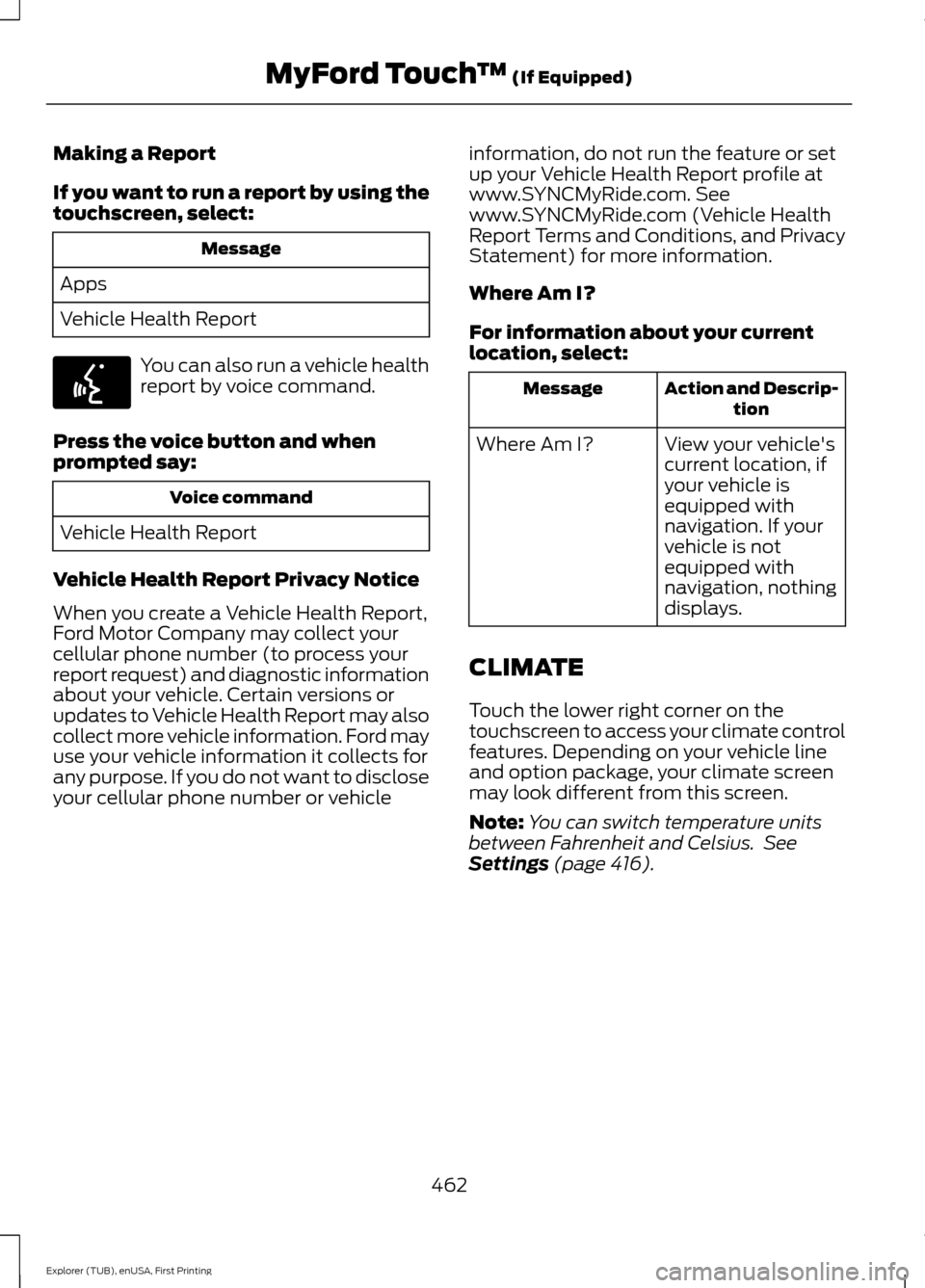 FORD EXPLORER 2016 5.G Owners Manual Making a Report
If you want to run a report by using the
touchscreen, select:
Message
Apps
Vehicle Health Report You can also run a vehicle health
report by voice command.
Press the voice button and w FORD EXPLORER 2016 5.G Owners Manual Making a Report
If you want to run a report by using the
touchscreen, select:
Message
Apps
Vehicle Health Report You can also run a vehicle health
report by voice command.
Press the voice button and w