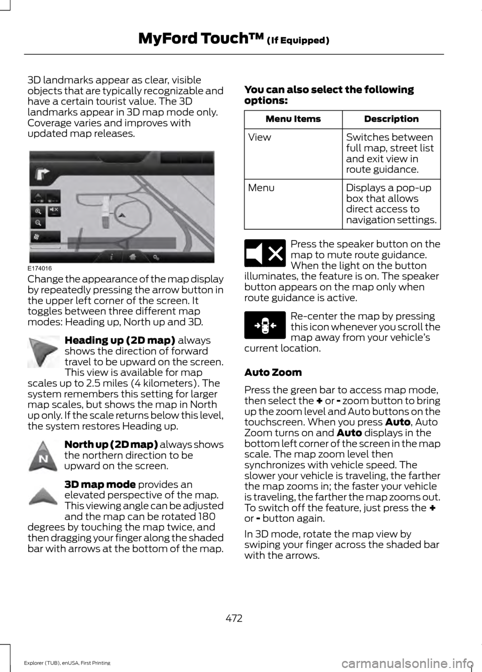 FORD EXPLORER 2016 5.G Owners Manual 3D landmarks appear as clear, visible
objects that are typically recognizable and
have a certain tourist value. The 3D
landmarks appear in 3D map mode only.
Coverage varies and improves with
updated m FORD EXPLORER 2016 5.G Owners Manual 3D landmarks appear as clear, visible
objects that are typically recognizable and
have a certain tourist value. The 3D
landmarks appear in 3D map mode only.
Coverage varies and improves with
updated m