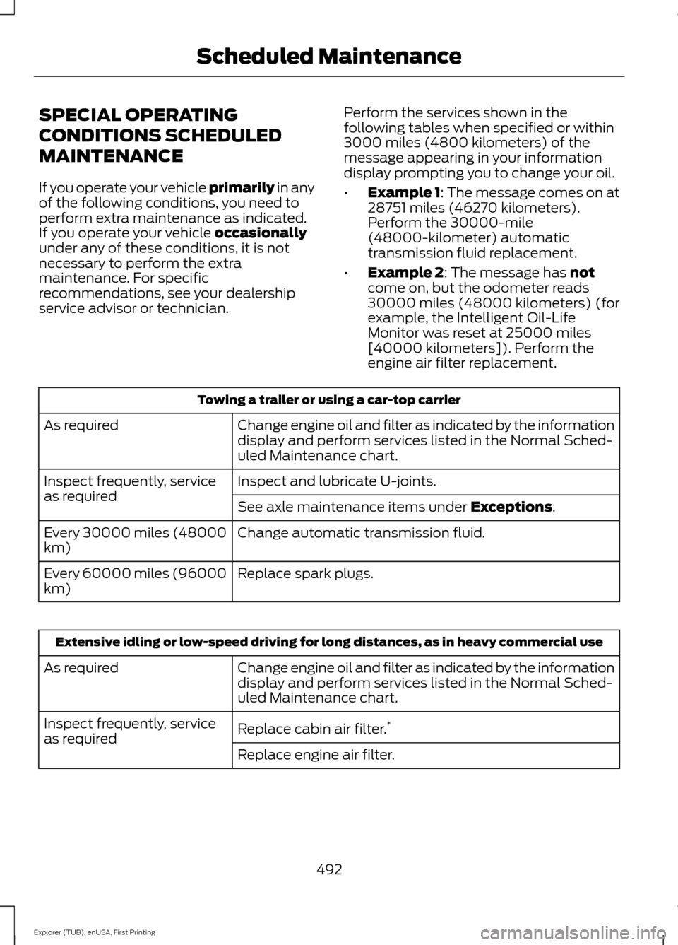 FORD EXPLORER 2016 5.G Owners Manual SPECIAL OPERATING
CONDITIONS SCHEDULED
MAINTENANCE
If you operate your vehicle primarily in any
of the following conditions, you need to
perform extra maintenance as indicated.
If you operate your veh FORD EXPLORER 2016 5.G Owners Manual SPECIAL OPERATING
CONDITIONS SCHEDULED
MAINTENANCE
If you operate your vehicle primarily in any
of the following conditions, you need to
perform extra maintenance as indicated.
If you operate your veh