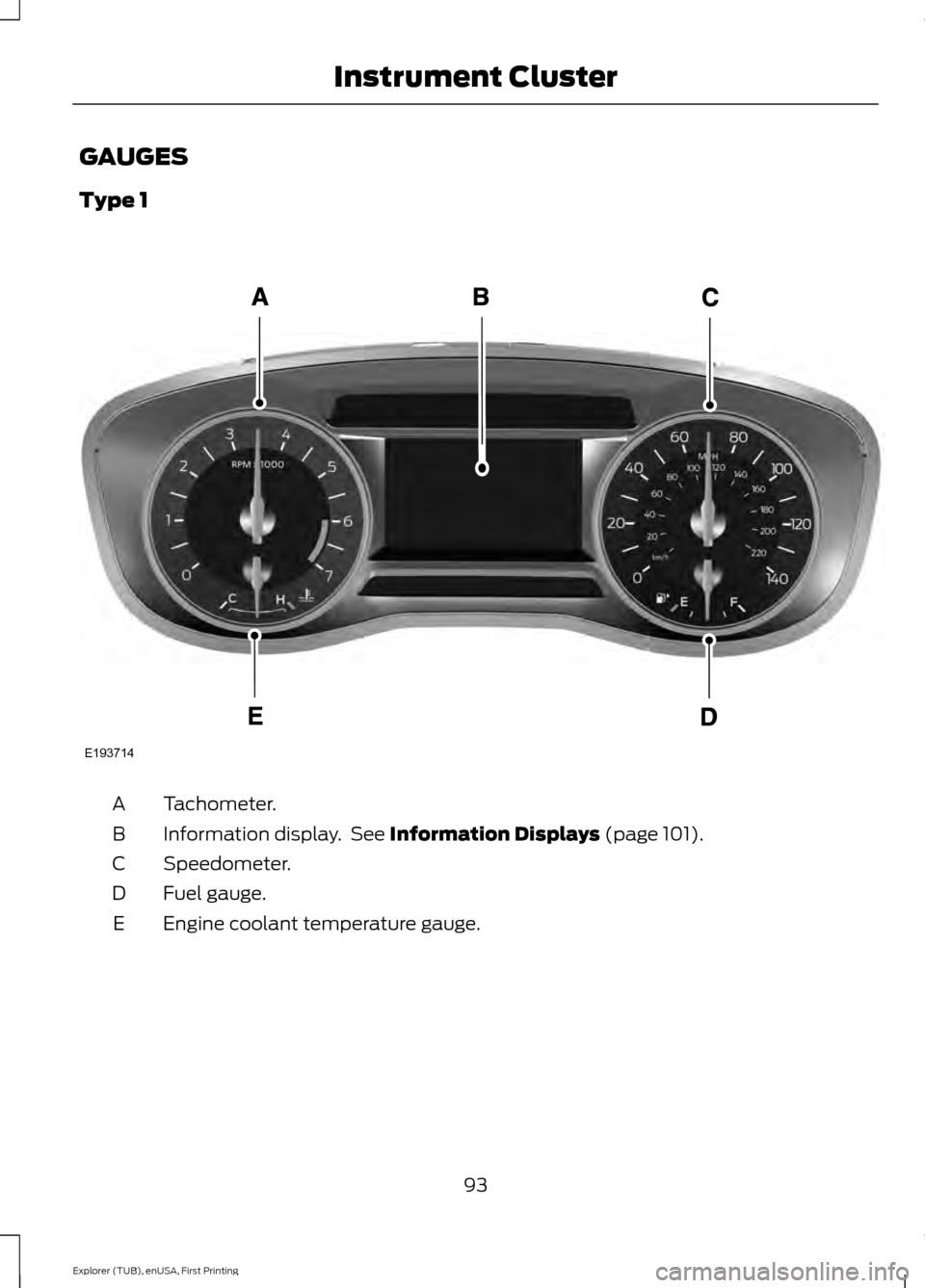 FORD EXPLORER 2016 5.G Owners Manual GAUGES
Type 1
Tachometer.
A
Information display. See Information Displays (page 101).
B
Speedometer.
C
Fuel gauge.
D
Engine coolant temperature gauge.
E
93
Explorer (TUB), enUSA, First Printing Instr FORD EXPLORER 2016 5.G Owners Manual GAUGES
Type 1
Tachometer.
A
Information display. See Information Displays (page 101).
B
Speedometer.
C
Fuel gauge.
D
Engine coolant temperature gauge.
E
93
Explorer (TUB), enUSA, First Printing Instr