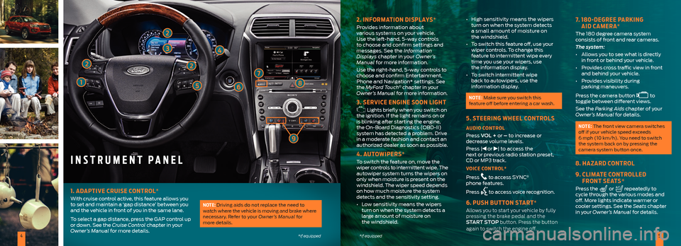 FORD EXPLORER 2016 5.G Quick Reference Guide 45*if equipped*if equipped
INSTRUMENT PANEL
2. INFORMATION DISPLAYS*
Provides information about
various systems on your vehicle.
Use the left-hand, 5-way controls
to choose and confirm setting FORD EXPLORER 2016 5.G Quick Reference Guide 45*if equipped*if equipped
INSTRUMENT PANEL
2. INFORMATION DISPLAYS*
Provides information about
various systems on your vehicle.
Use the left-hand, 5-way controls
to choose and confirm setting