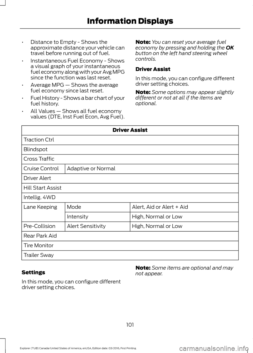 FORD EXPLORER 2017 5.G Owners Manual •
Distance to Empty - Shows the
approximate distance your vehicle can
travel before running out of fuel.
• Instantaneous Fuel Economy - Shows
a visual graph of your instantaneous
fuel economy alon FORD EXPLORER 2017 5.G Owners Manual •
Distance to Empty - Shows the
approximate distance your vehicle can
travel before running out of fuel.
• Instantaneous Fuel Economy - Shows
a visual graph of your instantaneous
fuel economy alon