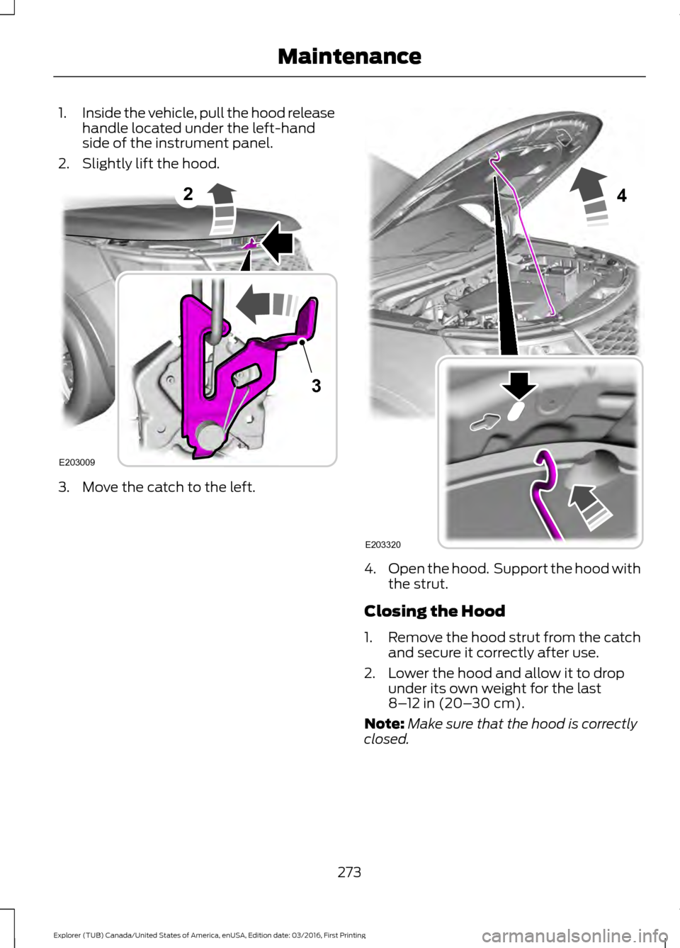 FORD EXPLORER 2017 5.G Owners Manual 1.
Inside the vehicle, pull the hood release
handle located under the left-hand
side of the instrument panel.
2. Slightly lift the hood. 3. Move the catch to the left.
4.
Open the hood. Support the h FORD EXPLORER 2017 5.G Owners Manual 1.
Inside the vehicle, pull the hood release
handle located under the left-hand
side of the instrument panel.
2. Slightly lift the hood. 3. Move the catch to the left.
4.
Open the hood. Support the h