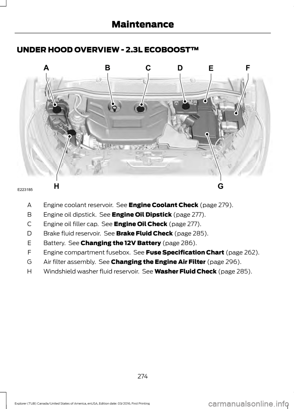 FORD EXPLORER 2017 5.G Owners Manual UNDER HOOD OVERVIEW - 2.3L ECOBOOST™
Engine coolant reservoir.  See Engine Coolant Check (page 279).
A
Engine oil dipstick.  See 
Engine Oil Dipstick (page 277).
B
Engine oil filler cap.  See 
Engin