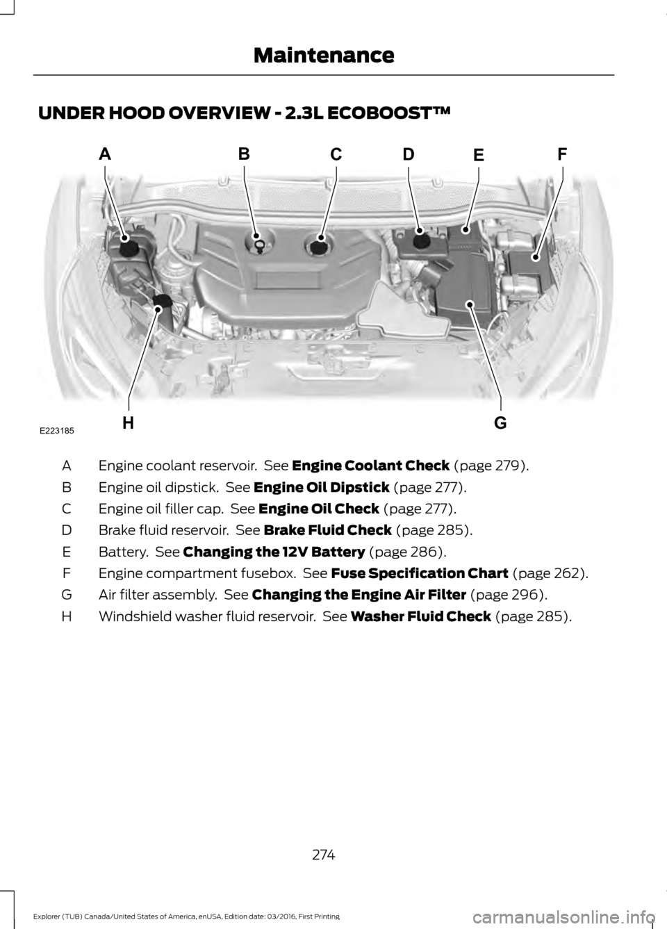 FORD EXPLORER 2017 5.G Owners Manual UNDER HOOD OVERVIEW - 2.3L ECOBOOST™
Engine coolant reservoir. See Engine Coolant Check (page 279).
A
Engine oil dipstick. See
Engine Oil Dipstick (page 277).
B
Engine oil filler cap. See
Engin FORD EXPLORER 2017 5.G Owners Manual UNDER HOOD OVERVIEW - 2.3L ECOBOOST™
Engine coolant reservoir. See Engine Coolant Check (page 279).
A
Engine oil dipstick. See
Engine Oil Dipstick (page 277).
B
Engine oil filler cap. See
Engin