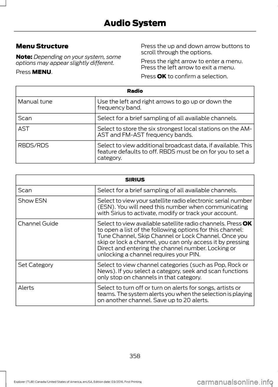 FORD EXPLORER 2017 5.G Owners Manual Menu Structure
Note:
Depending on your system, some
options may appear slightly different.
Press MENU. Press the up and down arrow buttons to
scroll through the options.
Press the right arrow to enter FORD EXPLORER 2017 5.G Owners Manual Menu Structure
Note:
Depending on your system, some
options may appear slightly different.
Press MENU. Press the up and down arrow buttons to
scroll through the options.
Press the right arrow to enter