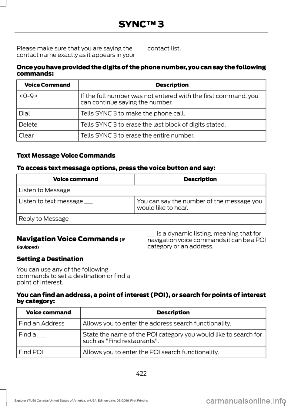 FORD EXPLORER 2017 5.G Owners Manual Please make sure that you are saying the
contact name exactly as it appears in your
contact list.
Once you have provided the digits of the phone number, you can say the following
commands: Description FORD EXPLORER 2017 5.G Owners Manual Please make sure that you are saying the
contact name exactly as it appears in your
contact list.
Once you have provided the digits of the phone number, you can say the following
commands: Description