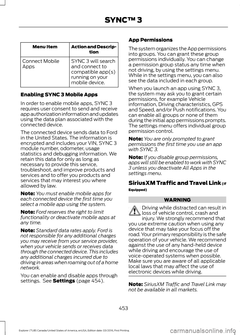 FORD EXPLORER 2017 5.G Owners Manual Action and Descrip-
tion
Menu Item
SYNC 3 will search
and connect to
compatible app(s)
running on your
mobile device.
Connect Mobile
Apps
Enabling SYNC 3 Mobile Apps
In order to enable mobile apps, SY FORD EXPLORER 2017 5.G Owners Manual Action and Descrip-
tion
Menu Item
SYNC 3 will search
and connect to
compatible app(s)
running on your
mobile device.
Connect Mobile
Apps
Enabling SYNC 3 Mobile Apps
In order to enable mobile apps, SY