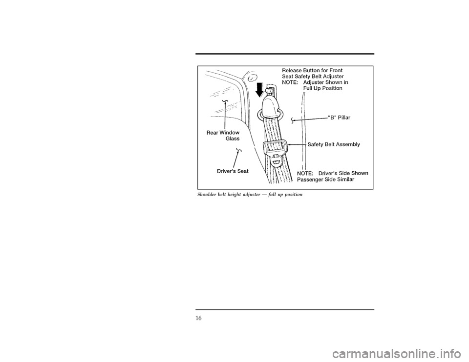 FORD EXPLORER 1996 2.G User Guide 16
[SR03568( X)07/95]
17-1/2 pica
art:0090168-B
Shoulder belt height adjuster Ð full up position
File:03unsrx.ex
Update:Thu Feb 29 09:02:31 1996 