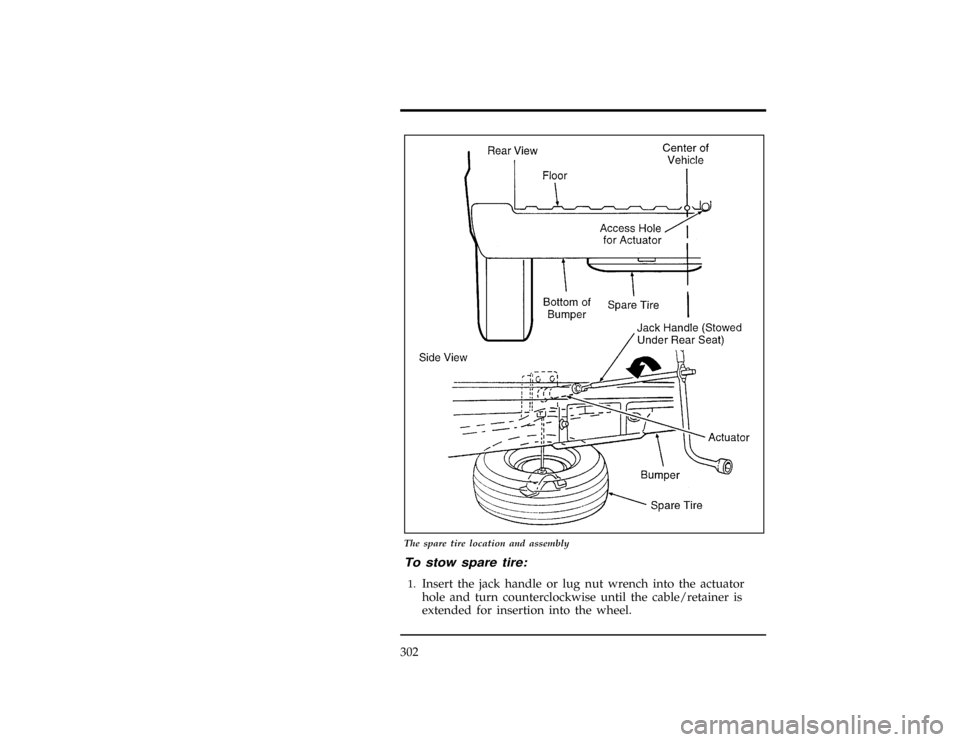 FORD EXPLORER 1996 2.G Owners Manual 302
[RE05950( X)02/95]
27-1/2 pica art:0020558-F
The spare tire location and assembly
*
[RE06050( X)03/91]
To stow spare tire:
*
[RE06150( X)10/94]1.
Insert the jack handle or lug nut wrench into the 