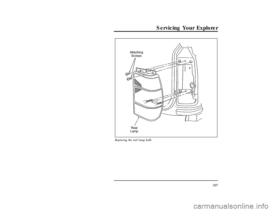 FORD EXPLORER 1996 2.G Owners Manual Servicing Your Explorer
397
[SV47515( X)10/94]
24 pica art:0021370-A
Replacing the tail lamp bulb
File:15unsvx.ex
Update:Thu Feb 29 09:20:34 1996 