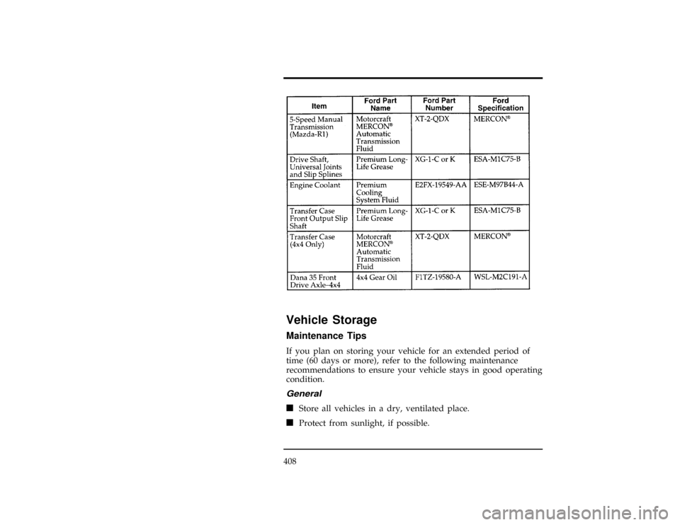 FORD EXPLORER 1996 2.G Owners Manual 408
[SV54425( X)03/95]
twenty pica
chart:0090115-A%*
[SV56000(ALL)01/95]
Vehicle Storage
*
[SV56100(ALL)01/95]
Maintenance Tips
*
[SV56150(ALL)01/95]
If you plan on storing your vehicle for an extende