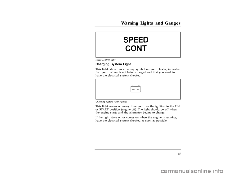 FORD EXPLORER 1996 2.G Manual Online Warning Lights and Gauges
87
[LG05890( X)03/95]
7-1/2 pica art:0090108-A
Speed control light
%*
[LG05900(ALL)01/95]
Charging System Light
*
[LG06000(ALL)03/95]
This light, shown as a battery symbol on