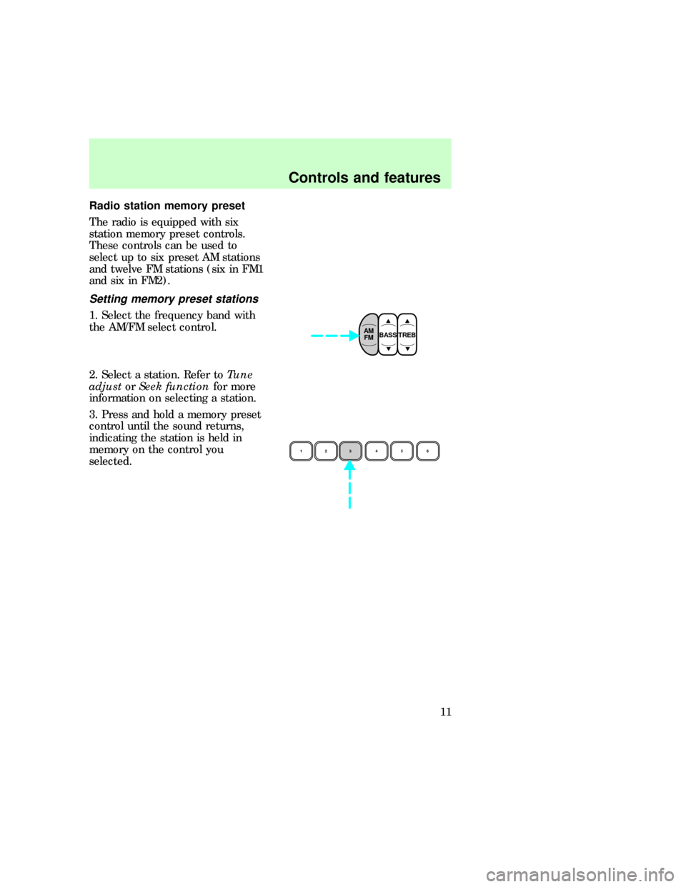 FORD EXPLORER 1997 2.G Audio Guide Radio station memory preset
The radio is equipped with six
station memory preset controls.
These controls can be used to
select up to six preset AM stations
and twelve FM stations (six in FM1
and six 