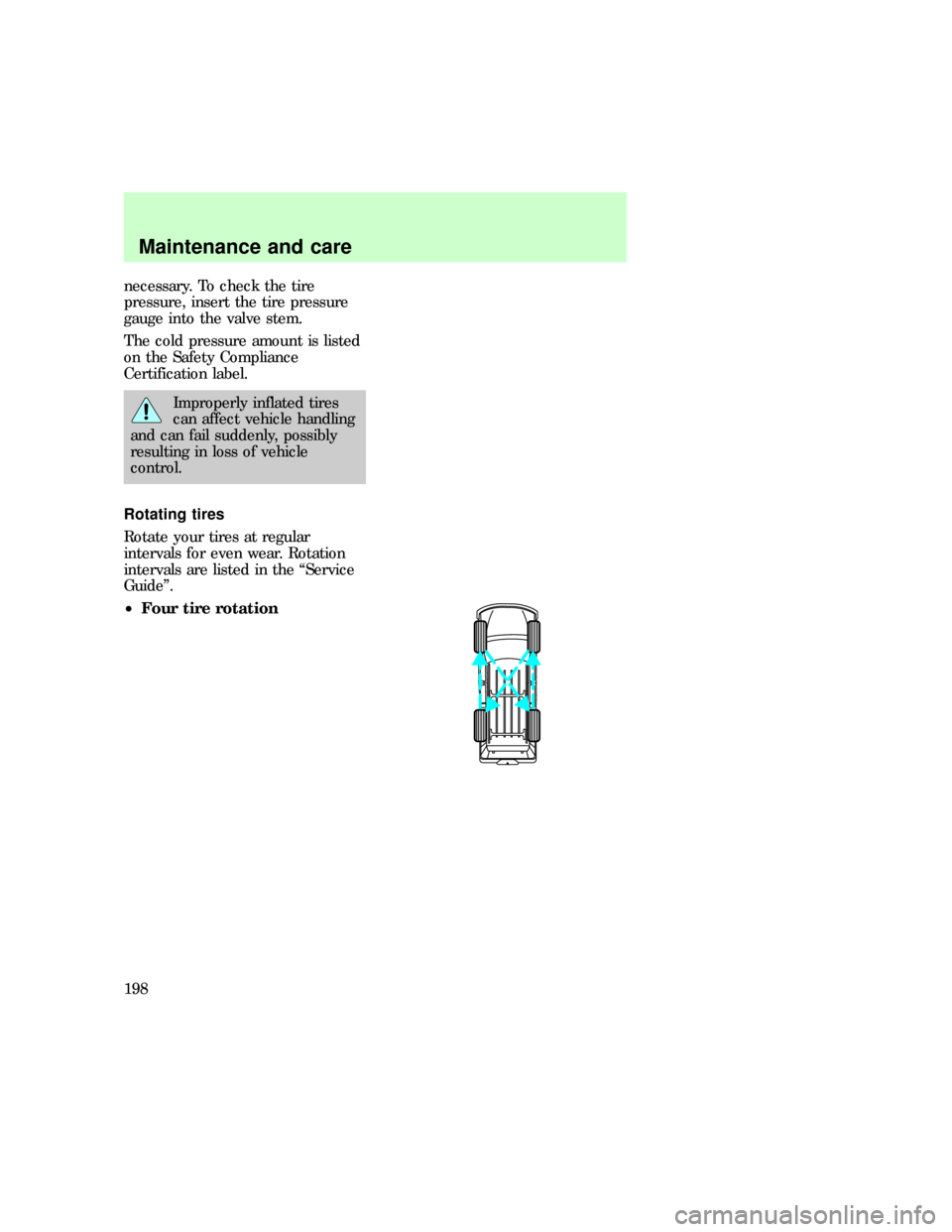 FORD EXPLORER 1997 2.G Owners Manual necessary. To check the tire
pressure, insert the tire pressure
gauge into the valve stem.
The cold pressure amount is listed
on the Safety Compliance
Certification label.
Improperly inflated tires
ca
