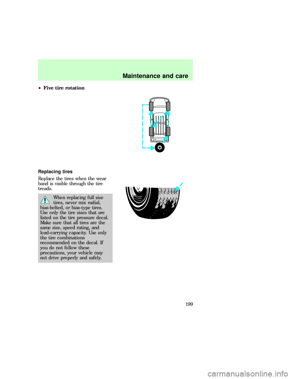 FORD EXPLORER 1997 2.G Owners Manual ²Five tire rotation
Replacing tires
Replace the tires when the wear
band is visible through the tire
treads.
When replacing full size
tires, never mix radial,
bias-belted, or bias-type tires.
Use onl