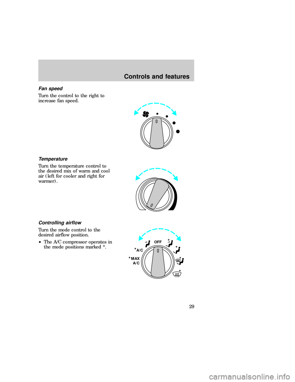 FORD EXPLORER 1997 2.G Owners Manual Fan speed
Turn the control to the right to
increase fan speed.
Temperature
Turn the temperature control to
the desired mix of warm and cool
air (left for cooler and right for
warmer).
Controlling airf