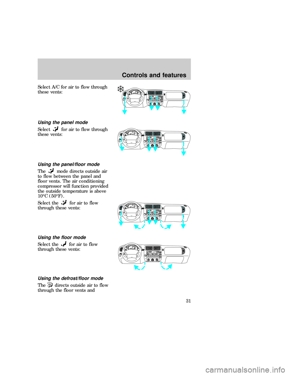 FORD EXPLORER 1997 2.G Owners Manual Select A/C for air to flow through
these vents:
Using the panel mode
Selectfor air to flow through
these vents:
Using the panel/floor mode
Themode directs outside air
to flow between the panel and
flo