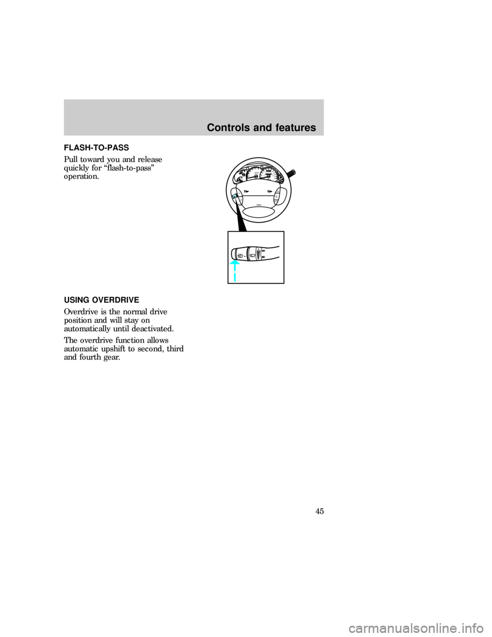 FORD EXPLORER 1997 2.G Owners Manual FLASH-TO-PASS
Pull toward you and release
quickly for ªflash-to-passº
operation.
USING OVERDRIVE
Overdrive is the normal drive
position and will stay on
automatically until deactivated.
The overdriv