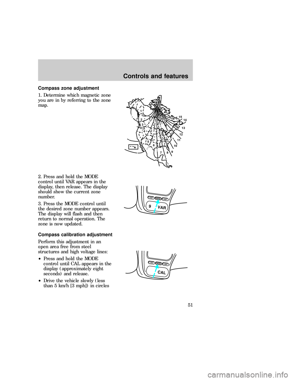 FORD EXPLORER 1997 2.G Owners Manual Compass zone adjustment
1. Determine which magnetic zone
you are in by referring to the zone
map.
2. Press and hold the MODE
control until VAR appears in the
display, then release. The display
should 