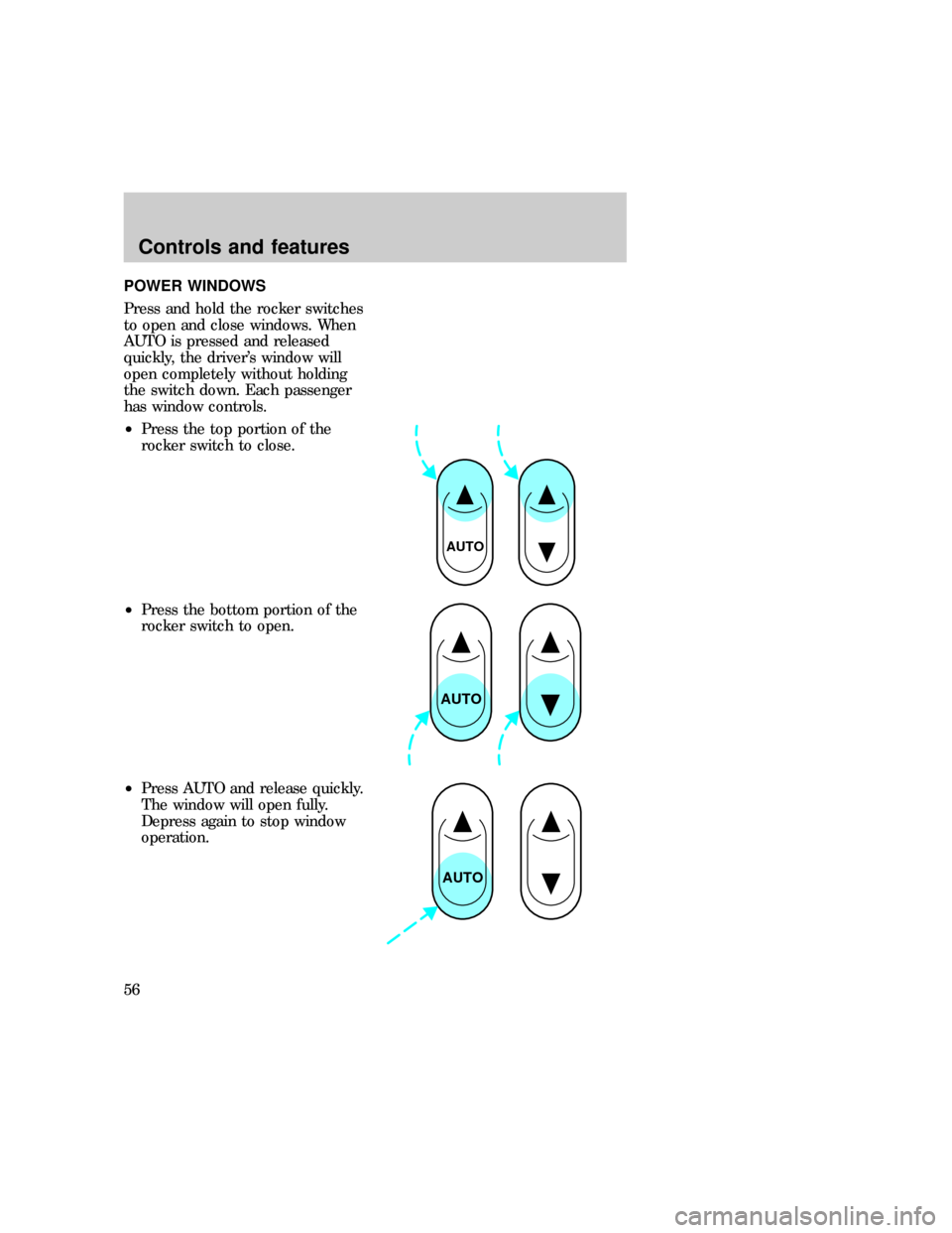 FORD EXPLORER 1997 2.G Owners Manual POWER WINDOWS
Press and hold the rocker switches
to open and close windows. When
AUTO is pressed and released
quickly, the drivers window will
open completely without holding
the switch down. Each pa