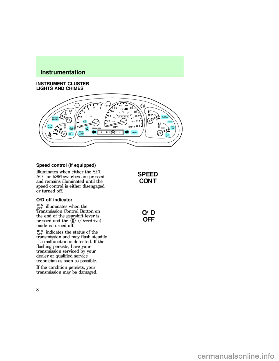 FORD EXPLORER 1997 2.G Owners Manual INSTRUMENT CLUSTER
LIGHTS AND CHIMES
Speed control (if equipped)
Illuminates when either the SET
ACC or RSM switches are pressed
and remains illuminated until the
speed control is either disengaged
or