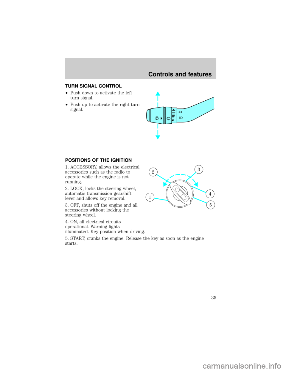 FORD EXPLORER 1998 2.G Owners Manual TURN SIGNAL CONTROL
²Push down to activate the left
turn signal.
²Push up to activate the right turn
signal.
POSITIONS OF THE IGNITION
1. ACCESSORY, allows the electrical
accessories such as the rad
