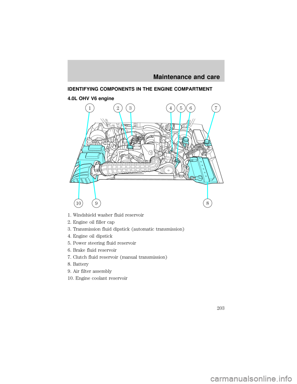 FORD EXPLORER 1999 2.G Owners Manual IDENTIFYING COMPONENTS IN THE ENGINE COMPARTMENT
4.0L OHV V6 engine
1. Windshield washer fluid reservoir
2. Engine oil filler cap
3. Transmission fluid dipstick (automatic transmission)
4. Engine oil 