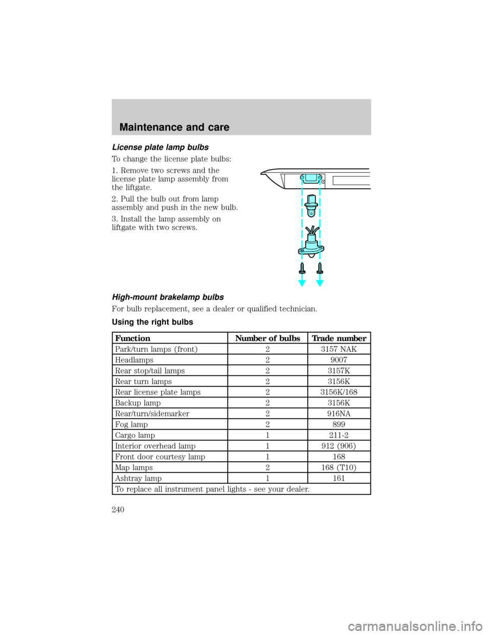 FORD EXPLORER 1999 2.G Owners Manual License plate lamp bulbs
To change the license plate bulbs:
1. Remove two screws and the
license plate lamp assembly from
the liftgate.
2. Pull the bulb out from lamp
assembly and push in the new bulb