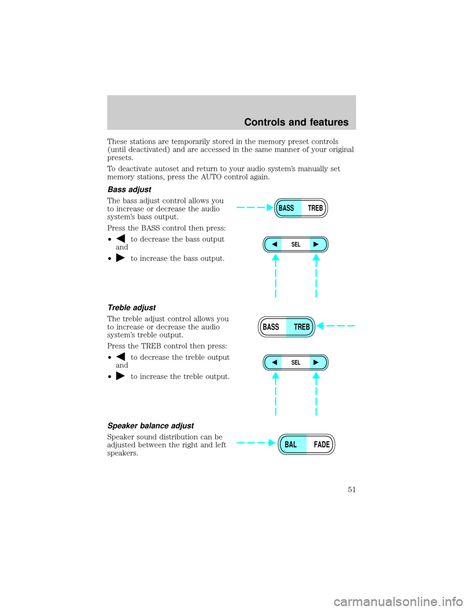 FORD EXPLORER 1999 2.G Workshop Manual These stations are temporarily stored in the memory preset controls
(until deactivated) and are accessed in the same manner of your original
presets.
To deactivate autoset and return to your audio sys FORD EXPLORER 1999 2.G Workshop Manual These stations are temporarily stored in the memory preset controls
(until deactivated) and are accessed in the same manner of your original
presets.
To deactivate autoset and return to your audio sys