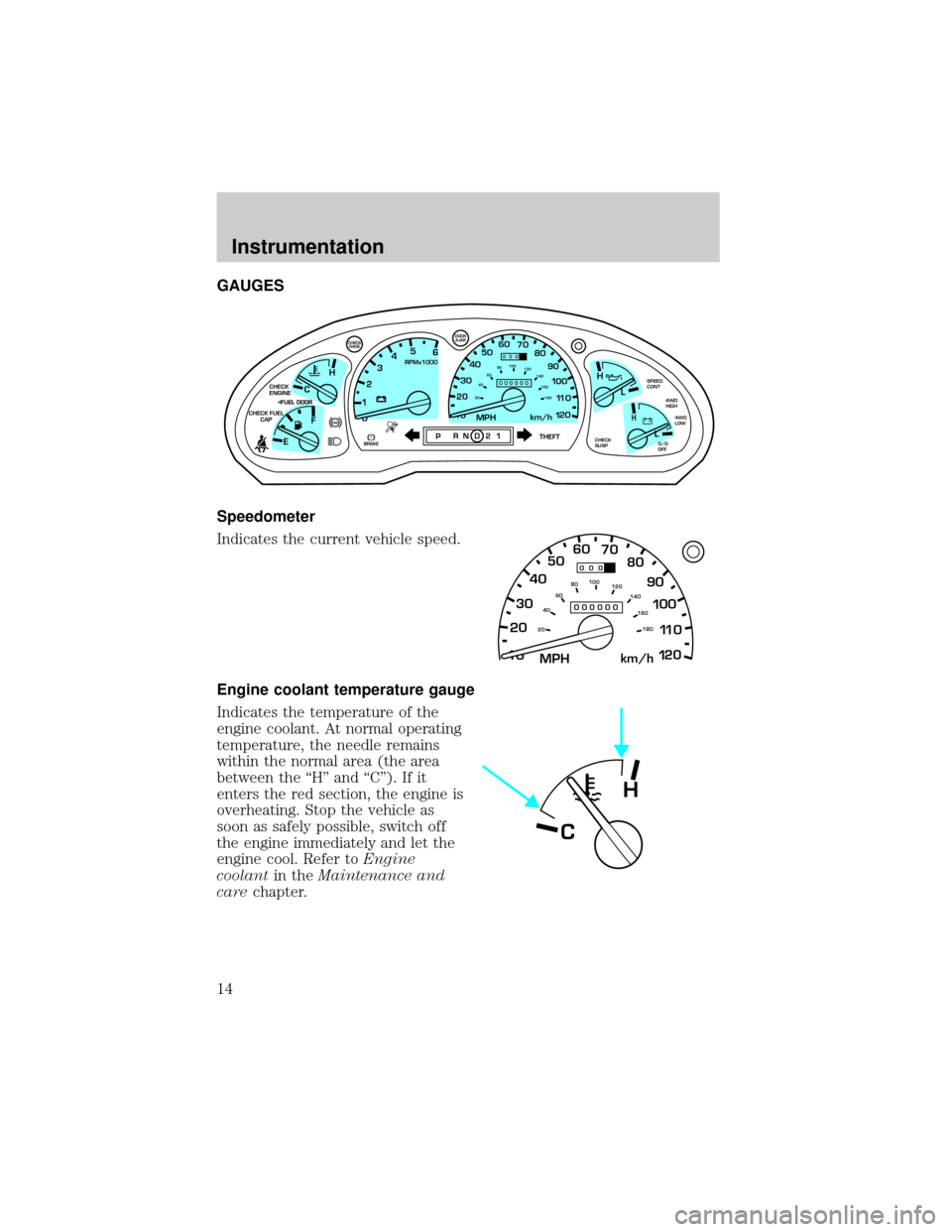 FORD EXPLORER 2000 2.G Owners Manual GAUGES
Speedometer
Indicates the current vehicle speed.
Engine coolant temperature gauge
Indicates the temperature of the
engine coolant. At normal operating
temperature, the needle remains
within the