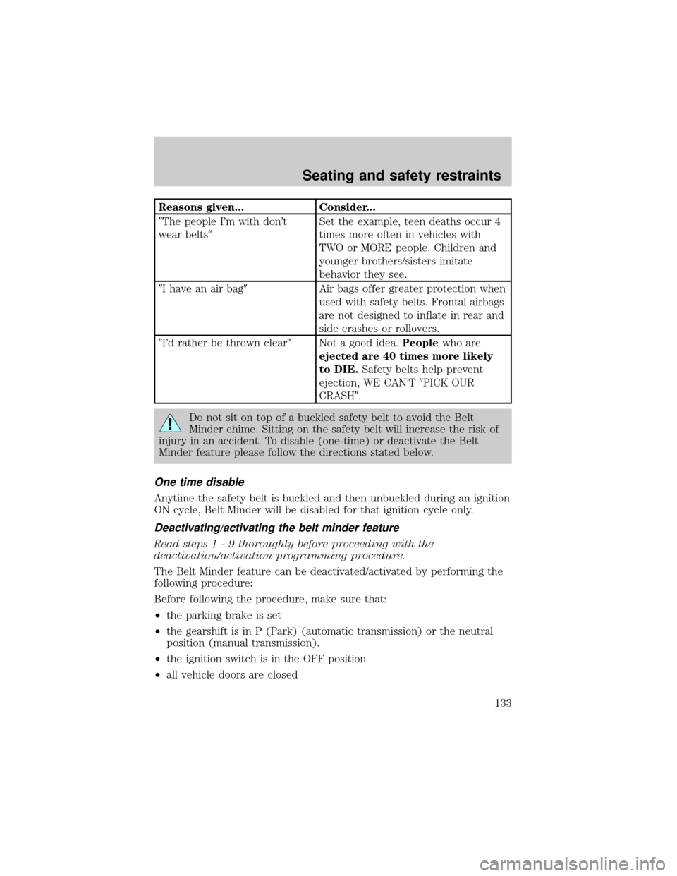 FORD EXPLORER 2000 2.G Owners Manual Reasons given... Consider...
9The people Im with dont
wear belts9Set the example, teen deaths occur 4
times more often in vehicles with
TWO or MORE people. Children and
younger brothers/sisters imit