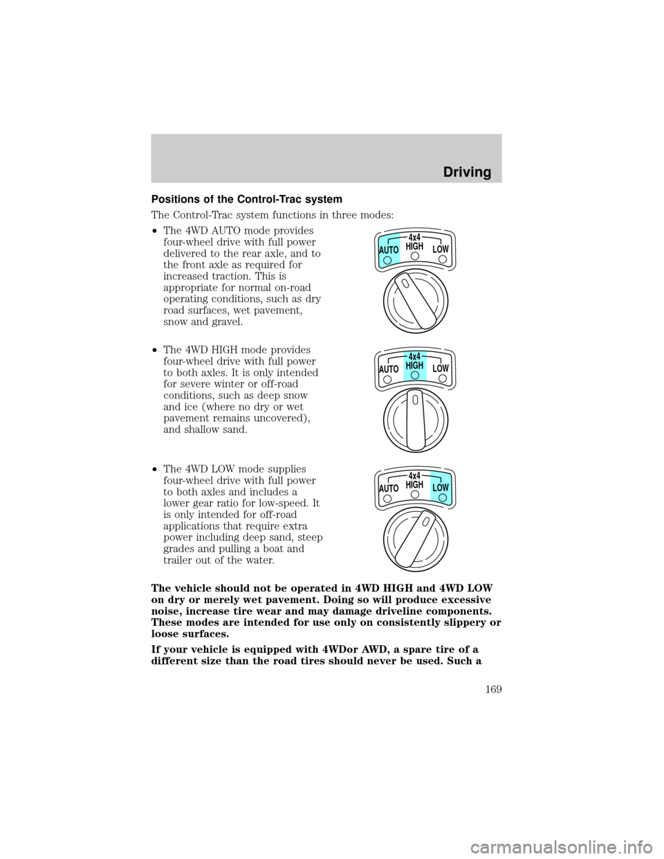 FORD EXPLORER 2000 2.G Owners Manual Positions of the Control-Trac system
The Control-Trac system functions in three modes:
²The 4WD AUTO mode provides
four-wheel drive with full power
delivered to the rear axle, and to
the front axle a